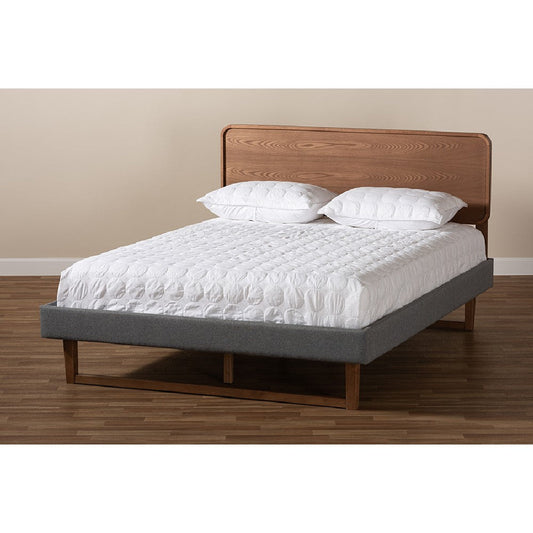 Baxton Studio Ayla Mid-Century Modern Dark Grey Fabric Upholstered Walnut Brown Finished Wood Queen Size Platform Bed
