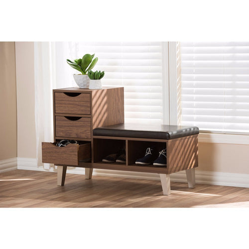 Baxton Studio Arielle Modern and Contemporary Walnut Brown Wood 3-Drawer Shoe Storage Padded Leatherette Seating Bench with Two Open Shelves