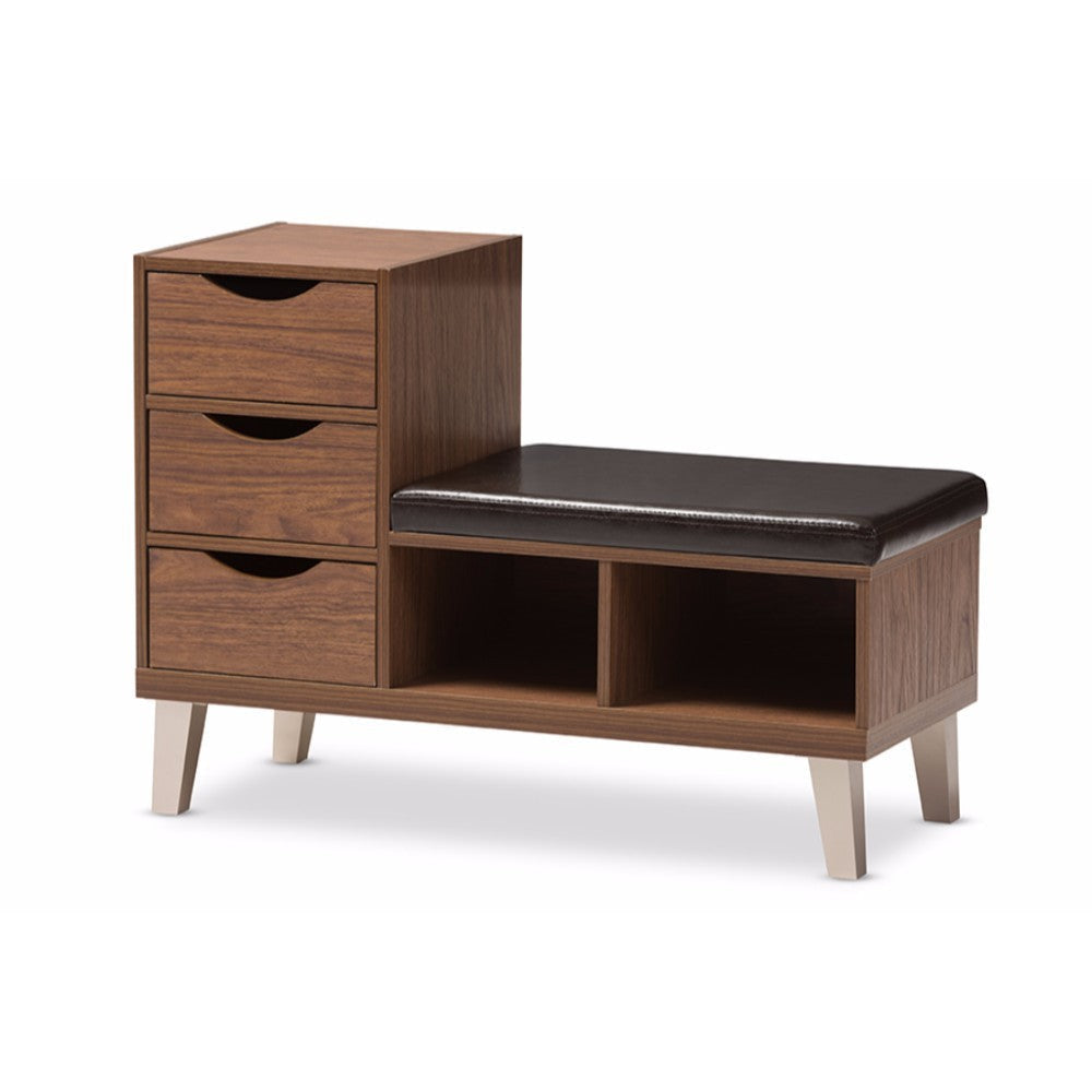 Baxton Studio Arielle Modern and Contemporary Walnut Brown Wood 3-Drawer Shoe Storage Padded Leatherette Seating Bench with Two Open