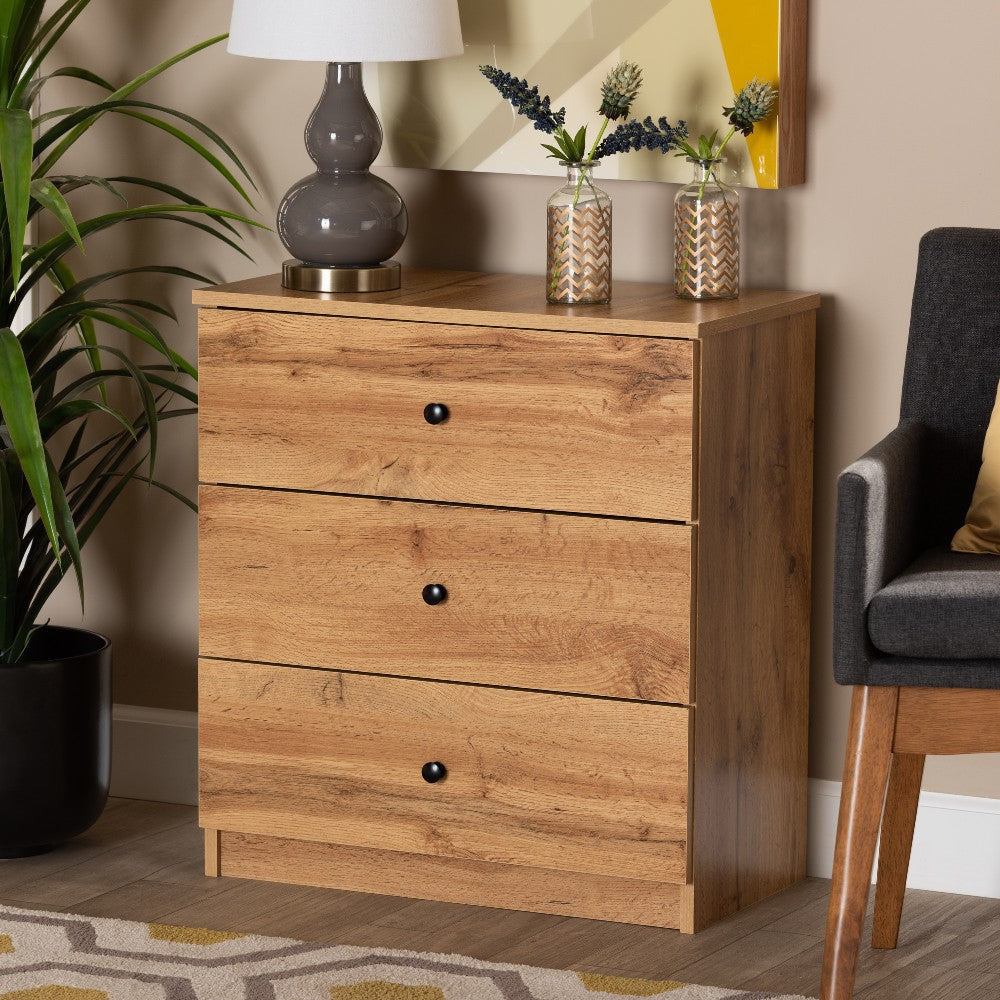Baxton Studio Decon Modern and Contemporary Oak Brown Finished Wood 3-Drawer Storage Chest WHI-B06-Wotan-Oak