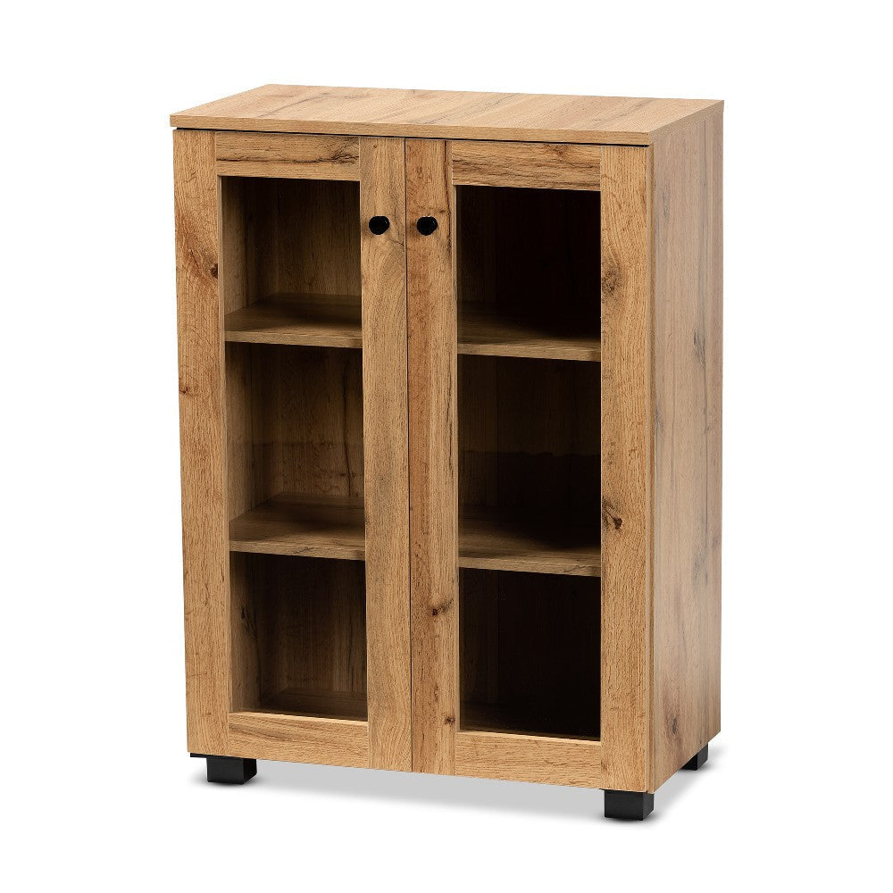 Baxton Studio Mason Modern and Contemporary Oak Brown Finished Wood 2-Door Storage Cabinet with Glass Doors WHI-B12-Wotan-Oak