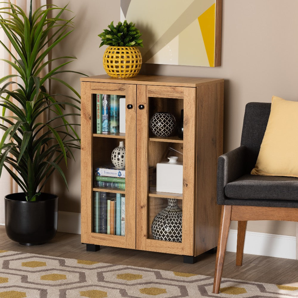Baxton Studio Mason Modern and Contemporary Oak Brown Finished Wood 2-Door Storage Cabinet with Glass Doors WHI-B12-Wotan-Oak