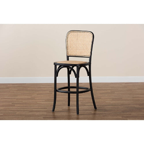 Baxton Studio Vance Mid-Century Modern Brown Woven Rattan and Black Wood Cane Counter Stool