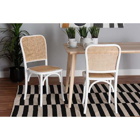 Baxton Studio Neah Japandi White Wood and Natural Rattan 2-Piece Dining Chair Set
