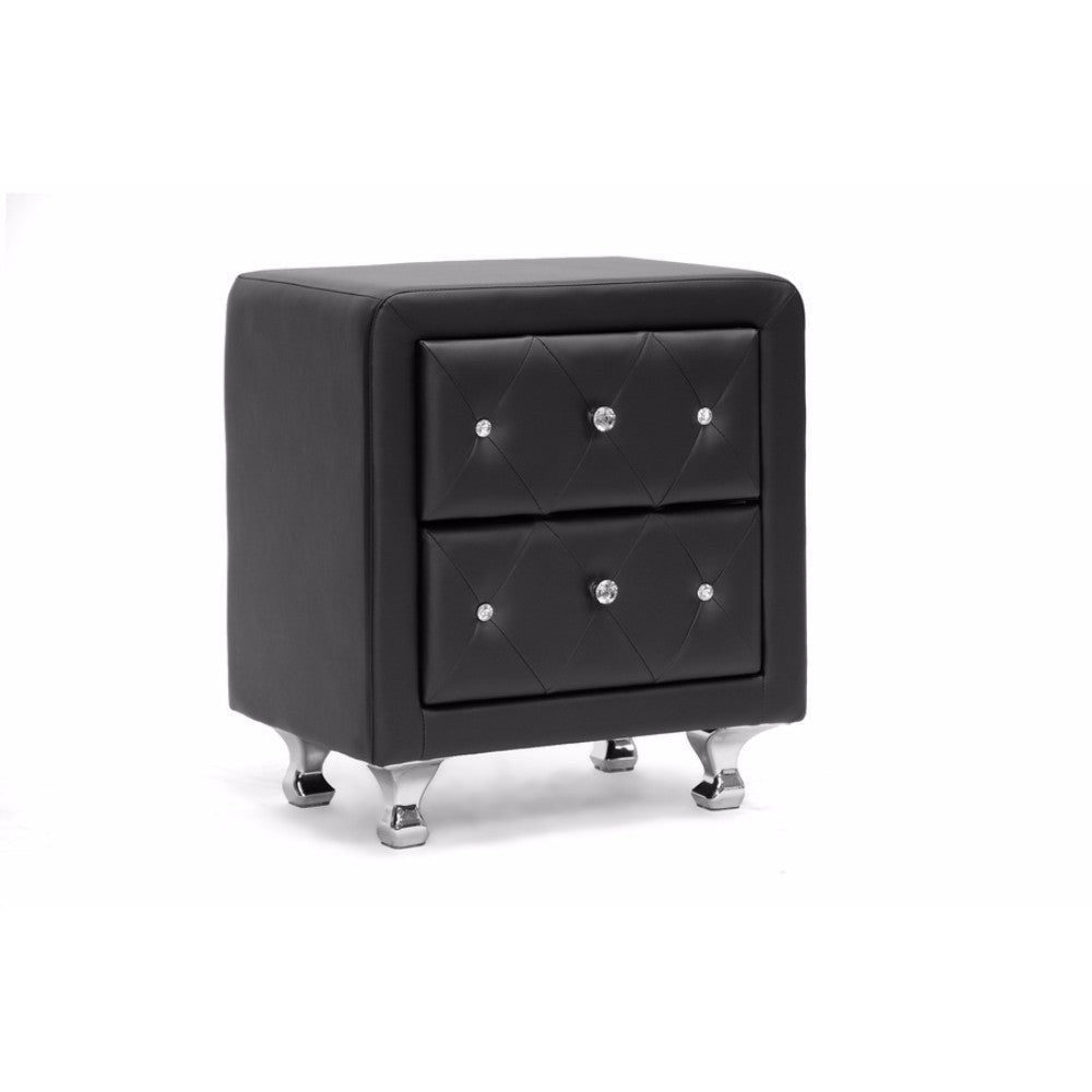 Baxton Studio Stella Crystal Tufted Black Upholstered Modern Nightstand