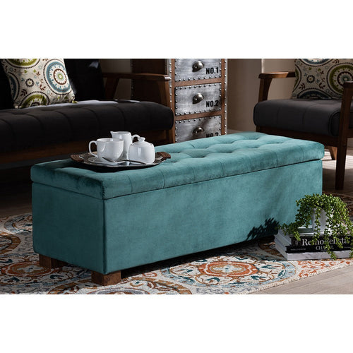 Baxton Studio Roanoke Modern and Contemporary Teal Blue Velvet Fabric Upholstered Grid-Tufted Storage Ottoman Bench