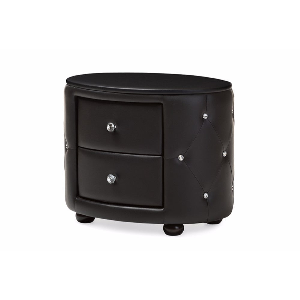 Baxton Studio Davina Hollywood Glamour Style Oval 2-drawer Black Faux Leather Upholstered Nightstand