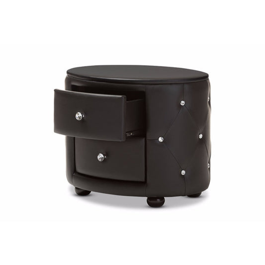 Baxton Studio Davina Hollywood Glamour Style Oval 2-drawer Black Faux Leather Upholstered Nightstand