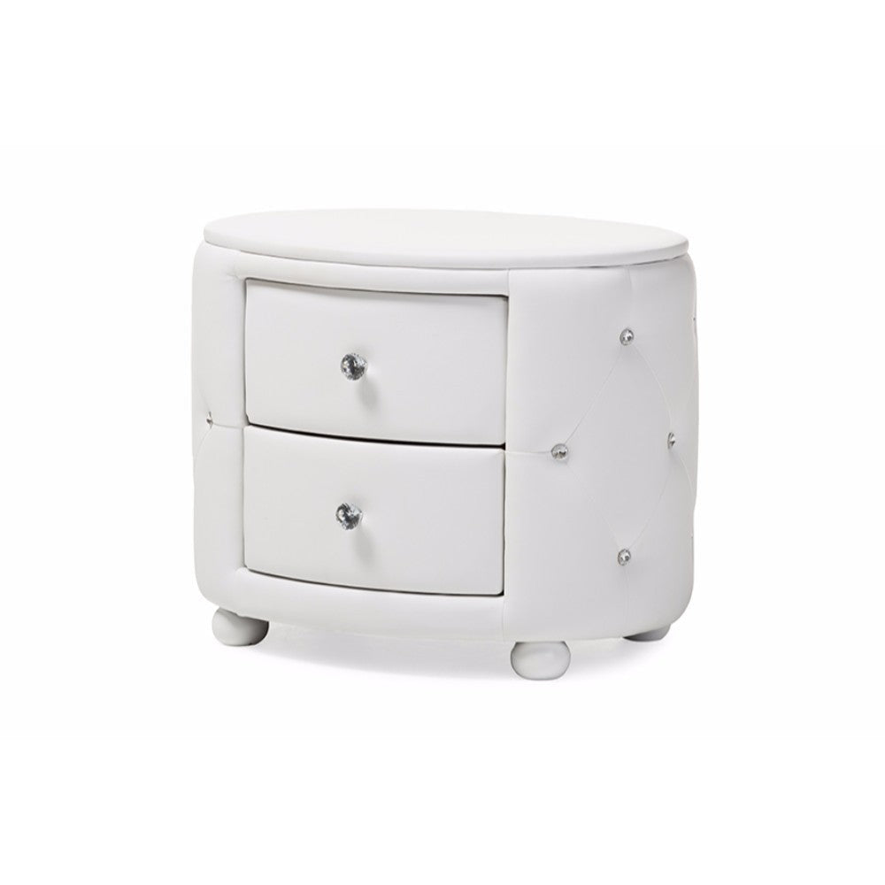 Baxton Studio Davina Hollywood Glamour Style Oval 2-drawer White Faux Leather Upholstered Nightstand