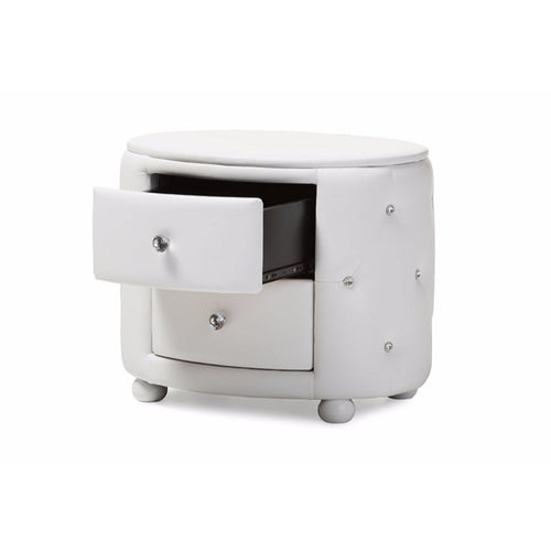 Baxton Studio Davina Hollywood Glamour Style Oval 2-drawer White Faux Leather Upholstered Nightstand