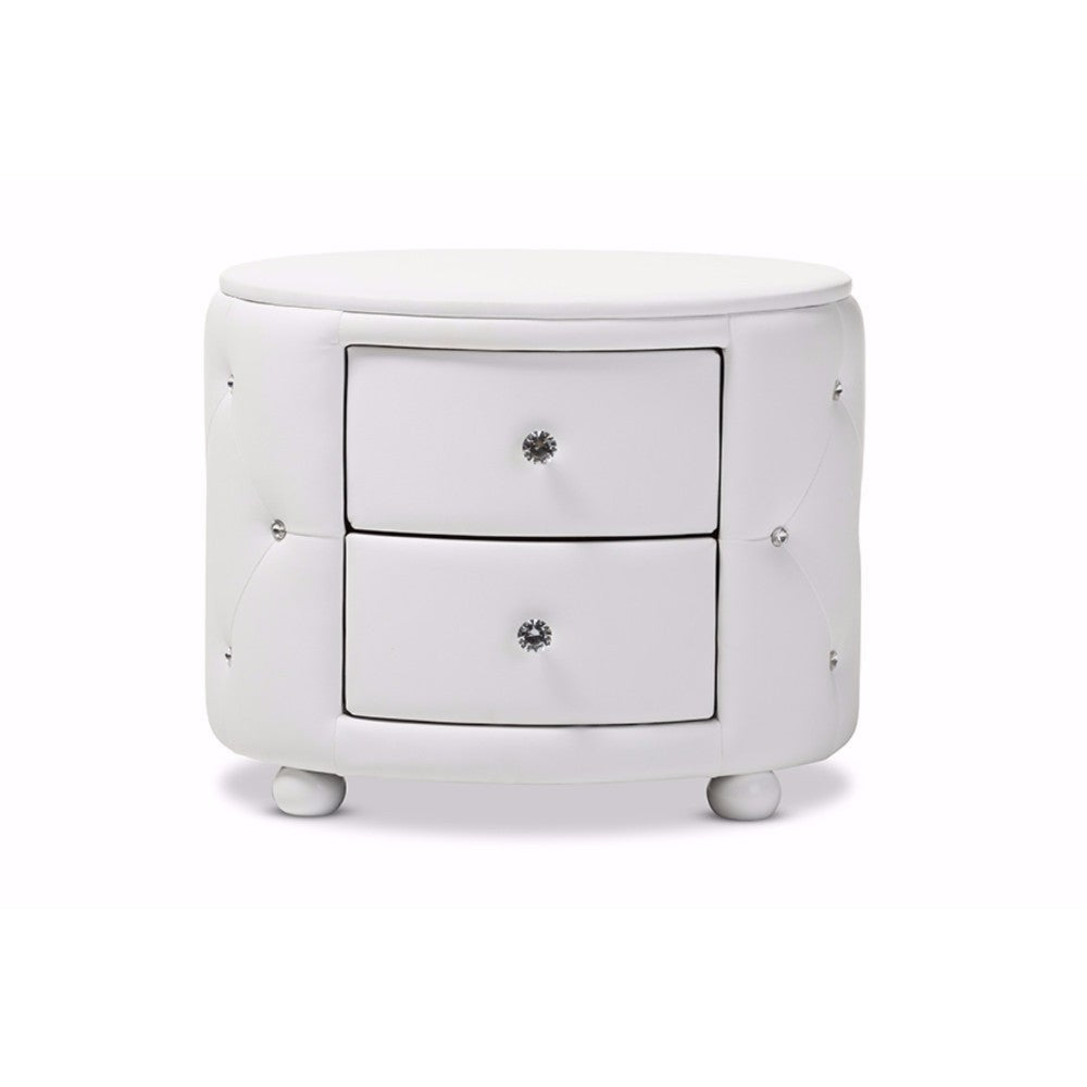 Baxton Studio Davina Hollywood Glamour Style Oval 2-drawer White Faux Leather Upholstered Nightstand