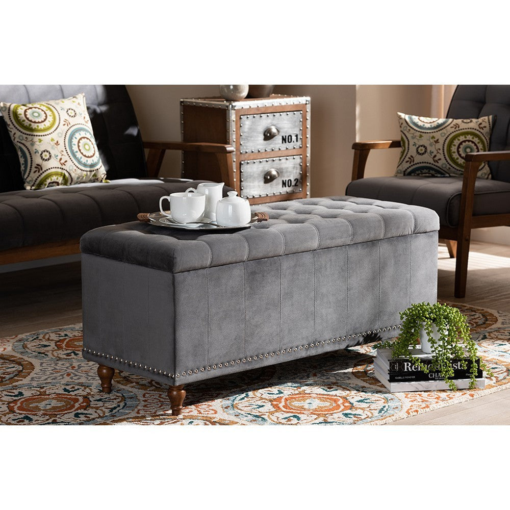 Baxton Studio Kaylee Modern and Contemporary Grey Velvet Fabric Upholstered Button-Tufted Storage Ottoman Bench