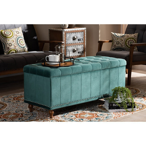 Baxton Studio Kaylee Modern and Contemporary Teal Blue Velvet Fabric Upholstered Button-Tufted Storage Ottoman Bench