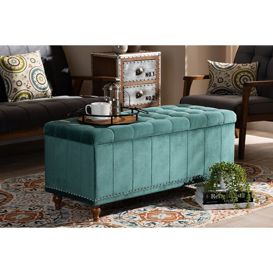 Baxton Studio Kaylee Modern and Contemporary Teal Blue Velvet Fabric Upholstered Button-Tufted Storage Ottoman Bench