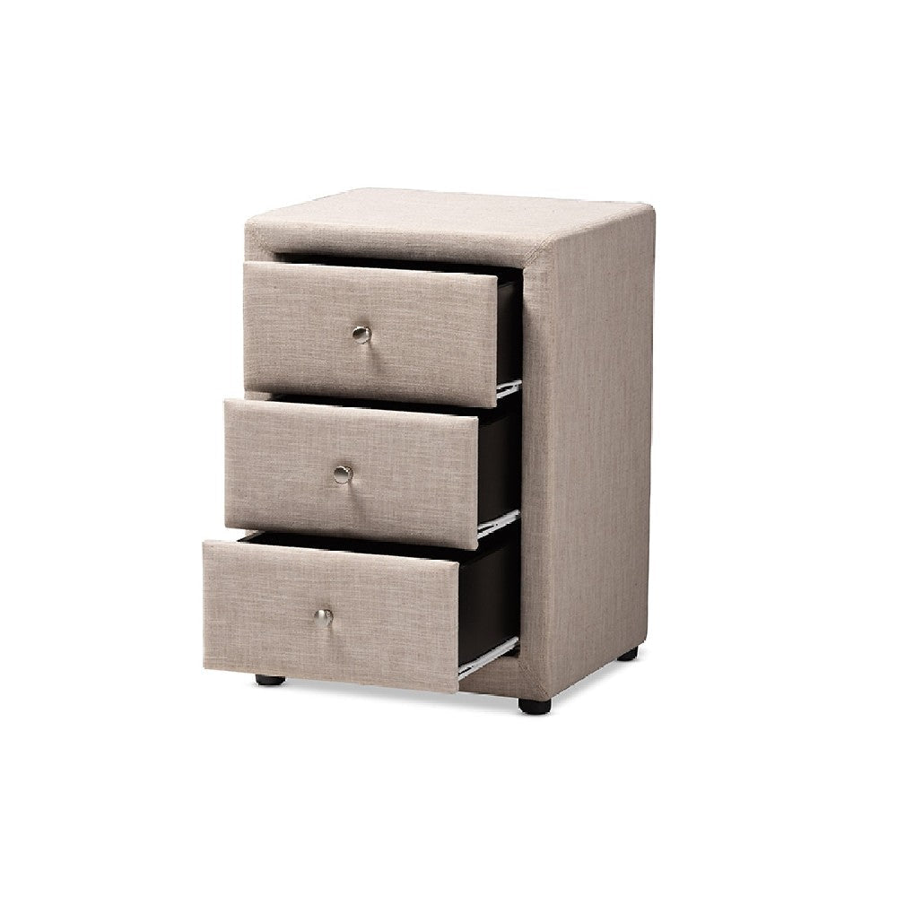 Baxton Studio Tessa Modern and Contemporary Beige Fabric Upholstered 3-Drawer Nightstand