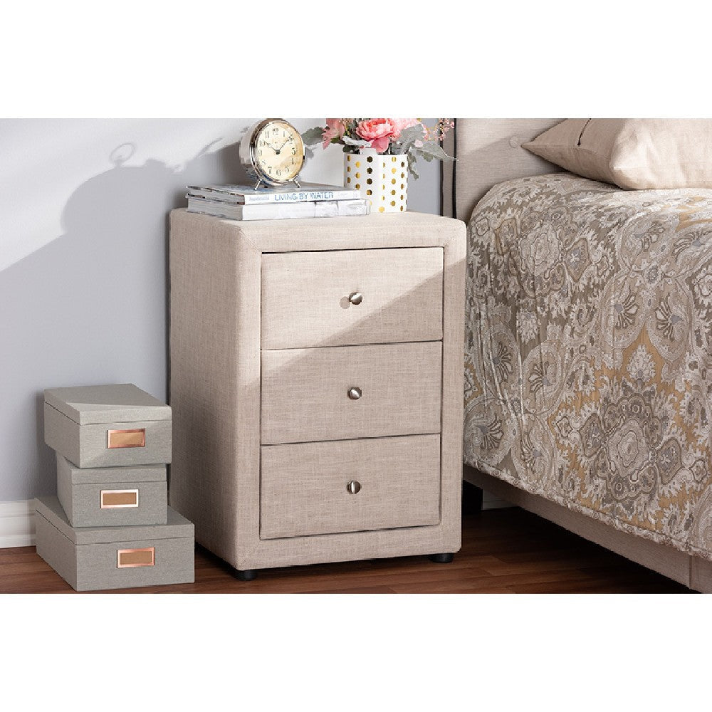 Baxton Studio Tessa Modern and Contemporary Beige Fabric Upholstered 3-Drawer Nightstand