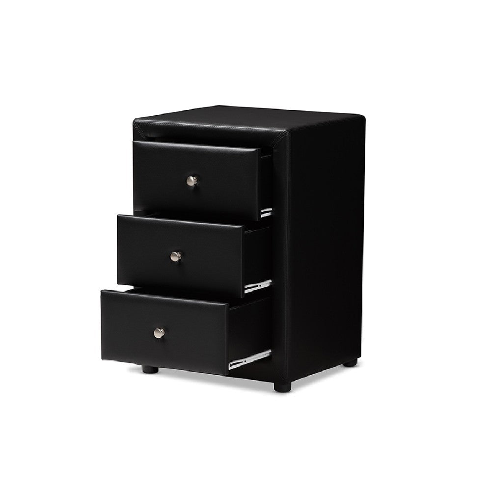 Baxton Studio Tessa Modern and Contemporary Black Faux Leather Upholstered 3-Drawer Nightstand