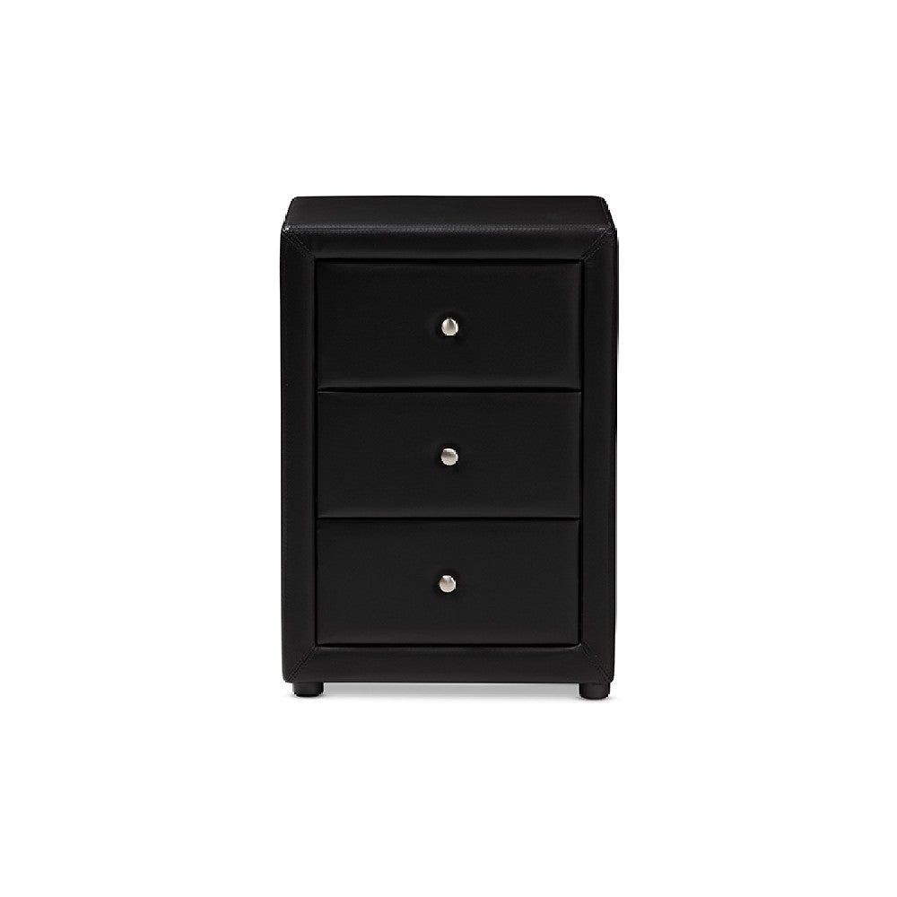 Baxton Studio Tessa Modern and Contemporary Black Faux Leather Upholstered 3-Drawer Nightstand