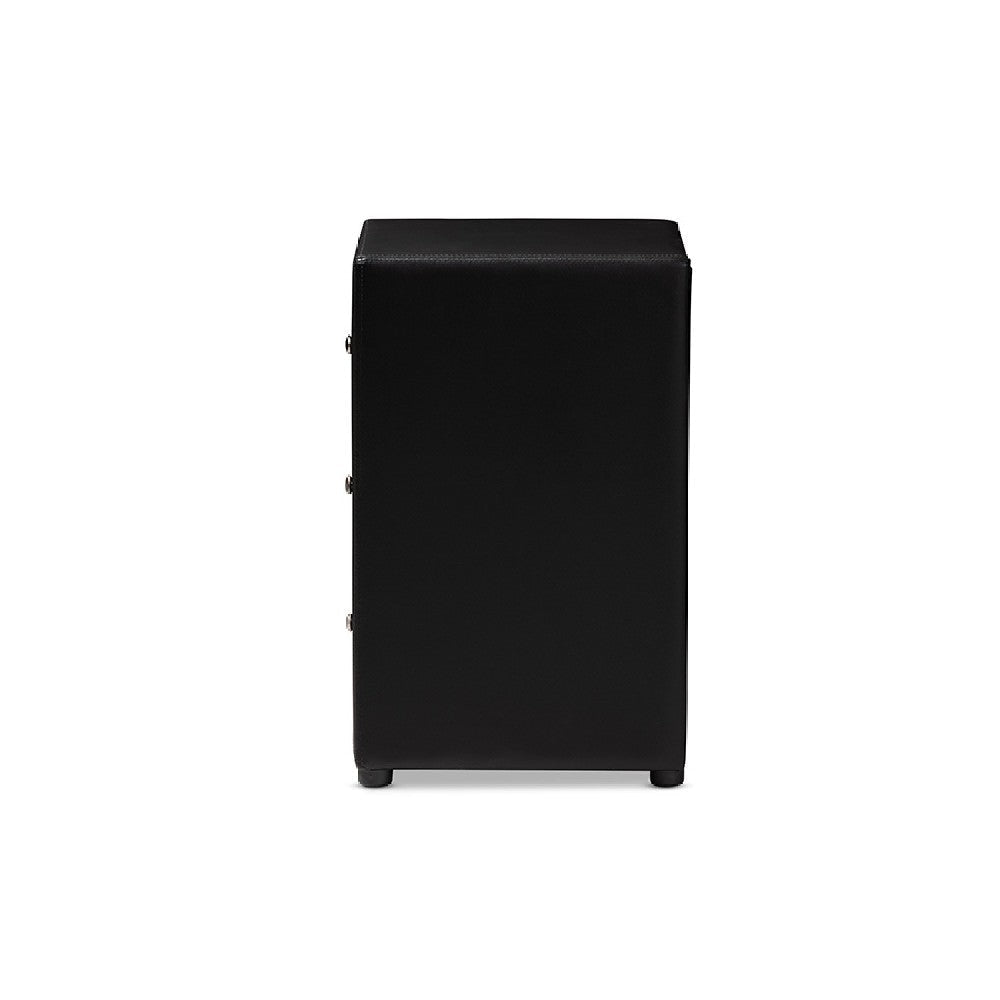Baxton Studio Tessa Modern and Contemporary Black Faux Leather Upholstered 3-Drawer Nightstand