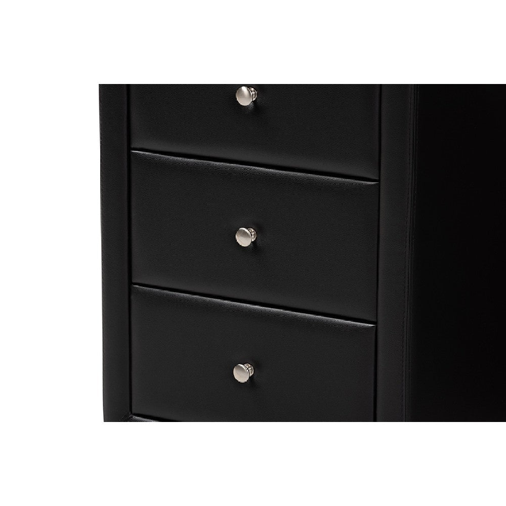 Baxton Studio Tessa Modern and Contemporary Black Faux Leather Upholstered 3-Drawer Nightstand