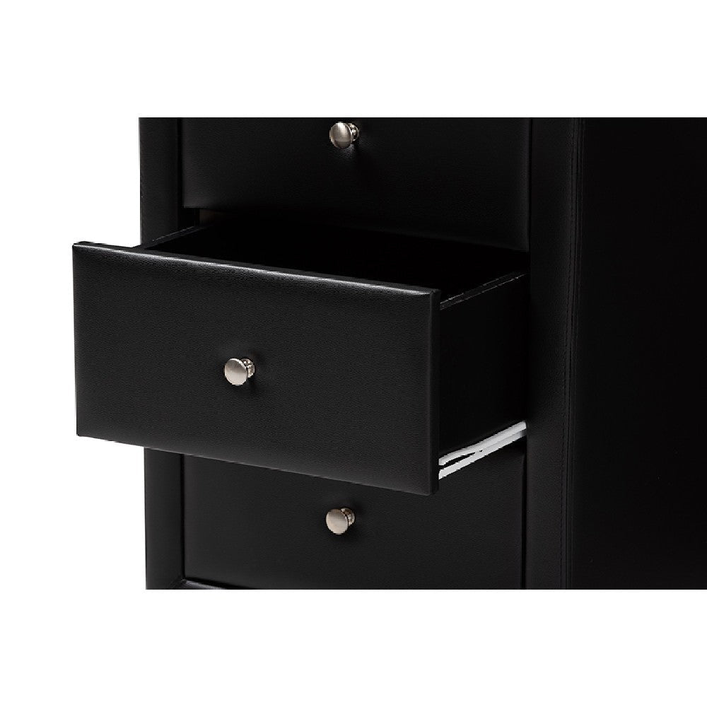Baxton Studio Tessa Modern and Contemporary Black Faux Leather Upholstered 3-Drawer Nightstand