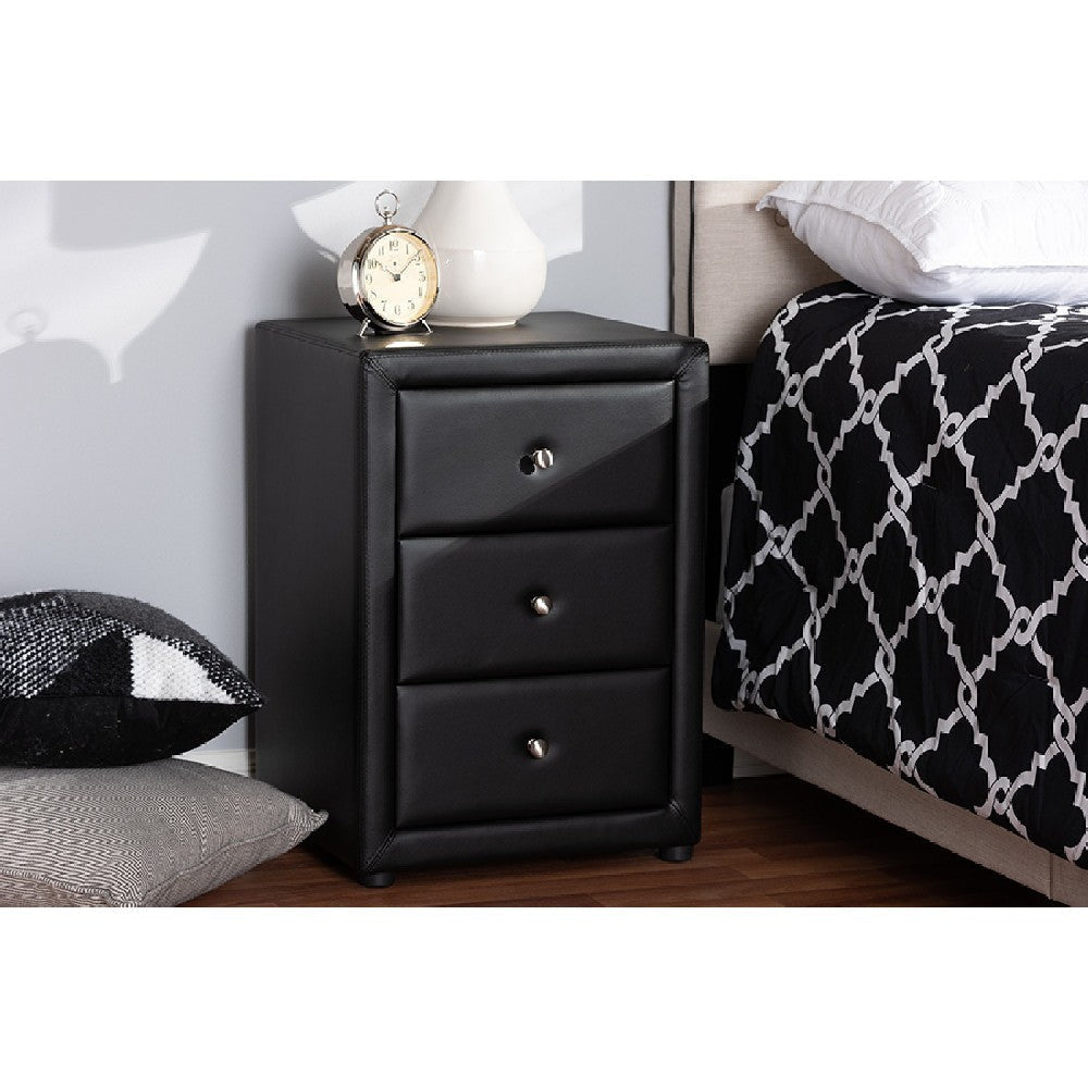 Baxton Studio Tessa Modern and Contemporary Black Faux Leather Upholstered 3-Drawer Nightstand