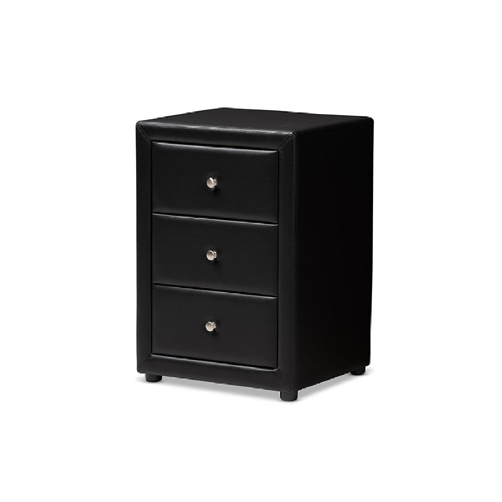 Baxton Studio Tessa Modern and Contemporary Black Faux Leather Upholstered 3-Drawer Nightstand