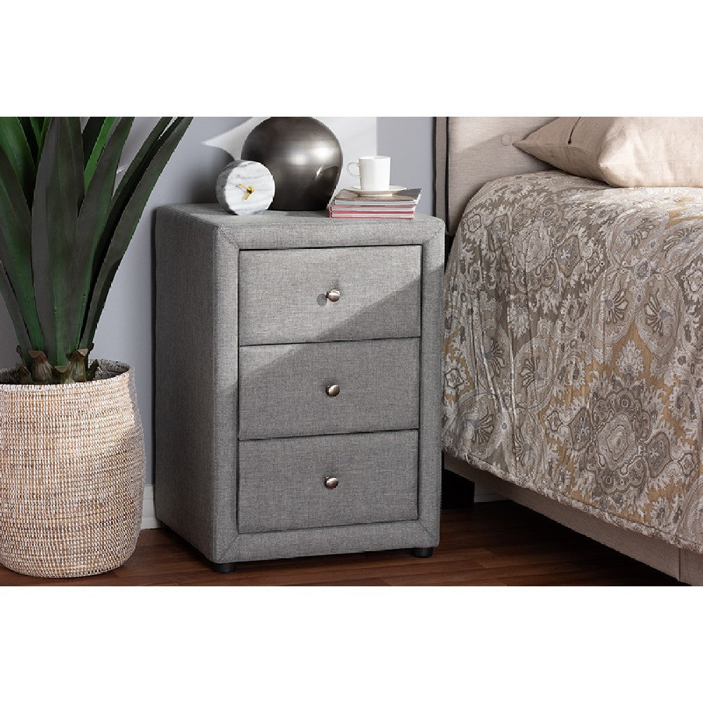 Baxton Studio Tessa Modern and Contemporary Grey Fabric Upholstered 3-Drawer Nightstand