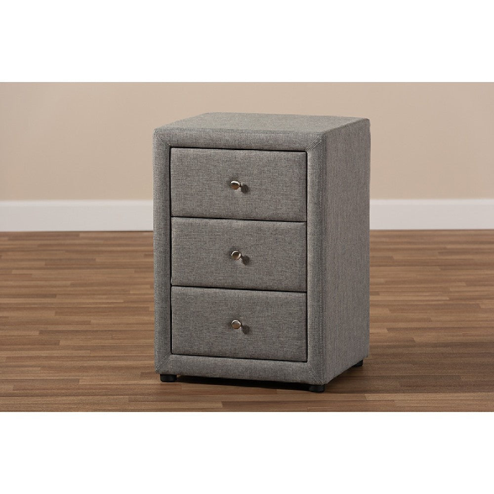 Baxton Studio Tessa Modern and Contemporary Grey Fabric Upholstered 3-Drawer Nightstand