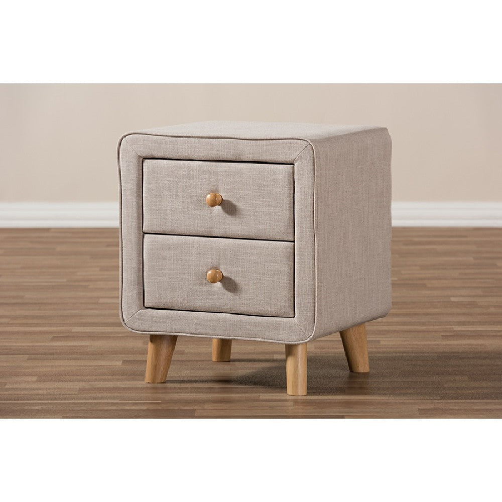 Baxton Studio Jonesy Mid-Century Beige Linen Upholstered 2-Drawer Nightstand