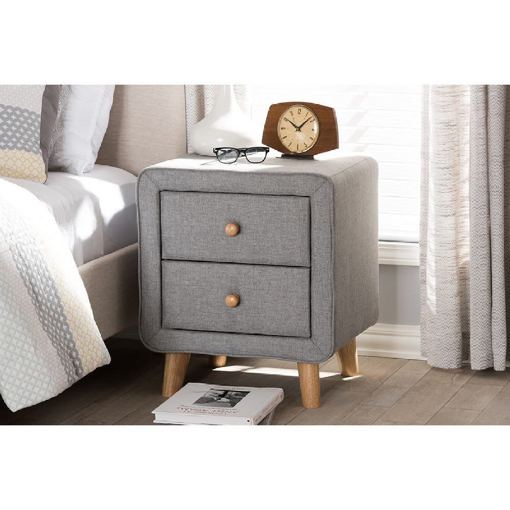Baxton Studio Jonesy Mid-Century Grey Fabric Upholstered 2-Drawer Nightstand WHI-BBT3140-Grey-NS-800F