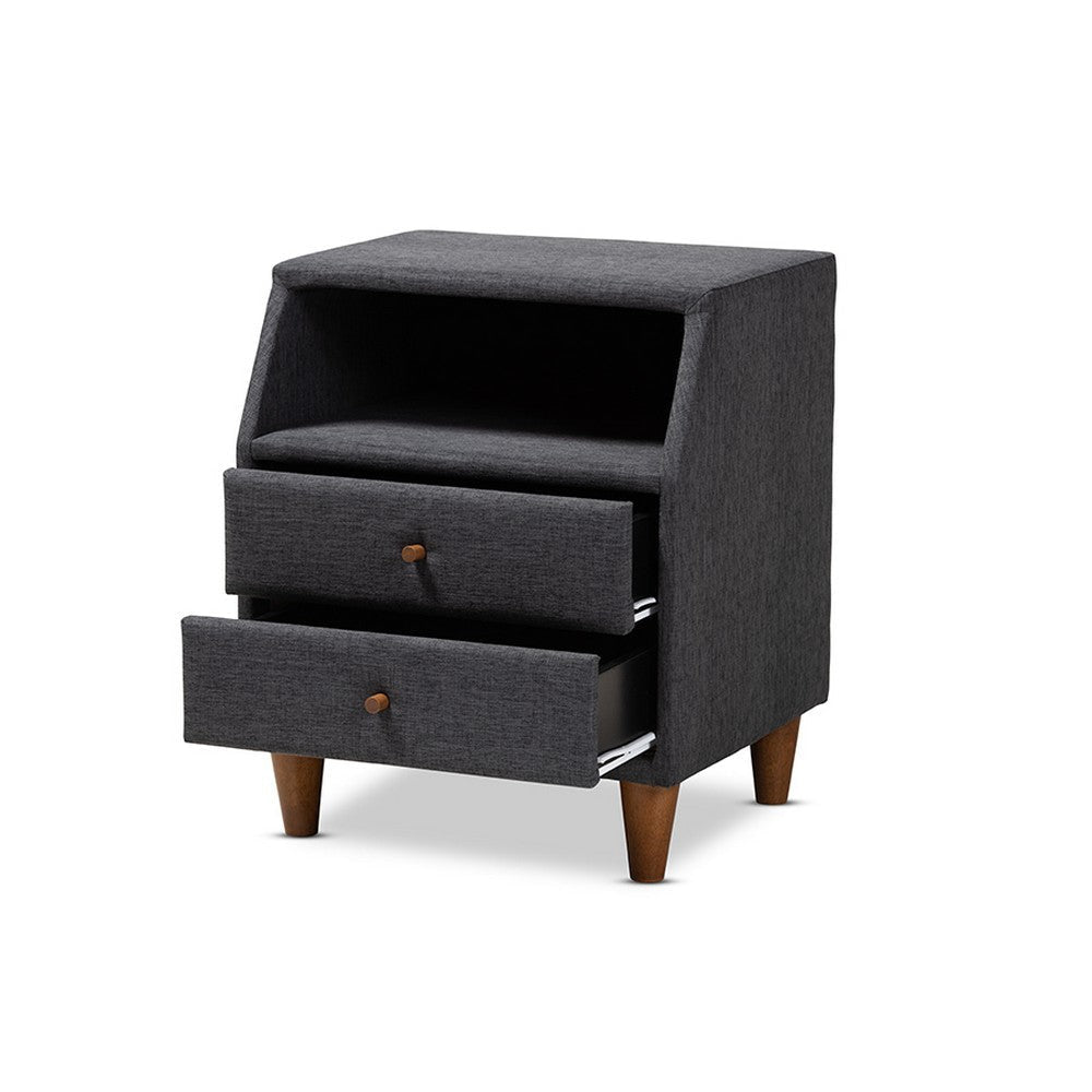 Baxton Studio Claverie Mid-Century Modern Charcoal Fabric Upholstered 2-Drawer Wood Nightstand WHI-BBT3157-Dark-Grey-NS