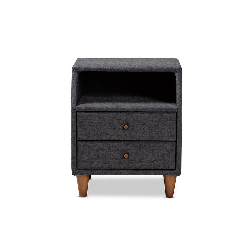 Baxton Studio Claverie Mid-Century Modern Charcoal Fabric Upholstered 2-Drawer Wood Nightstand WHI-BBT3157-Dark-Grey-NS