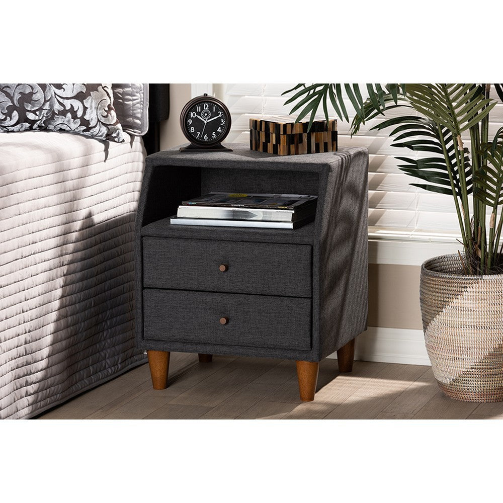 Baxton Studio Claverie Mid-Century Modern Charcoal Fabric Upholstered 2-Drawer Wood Nightstand
