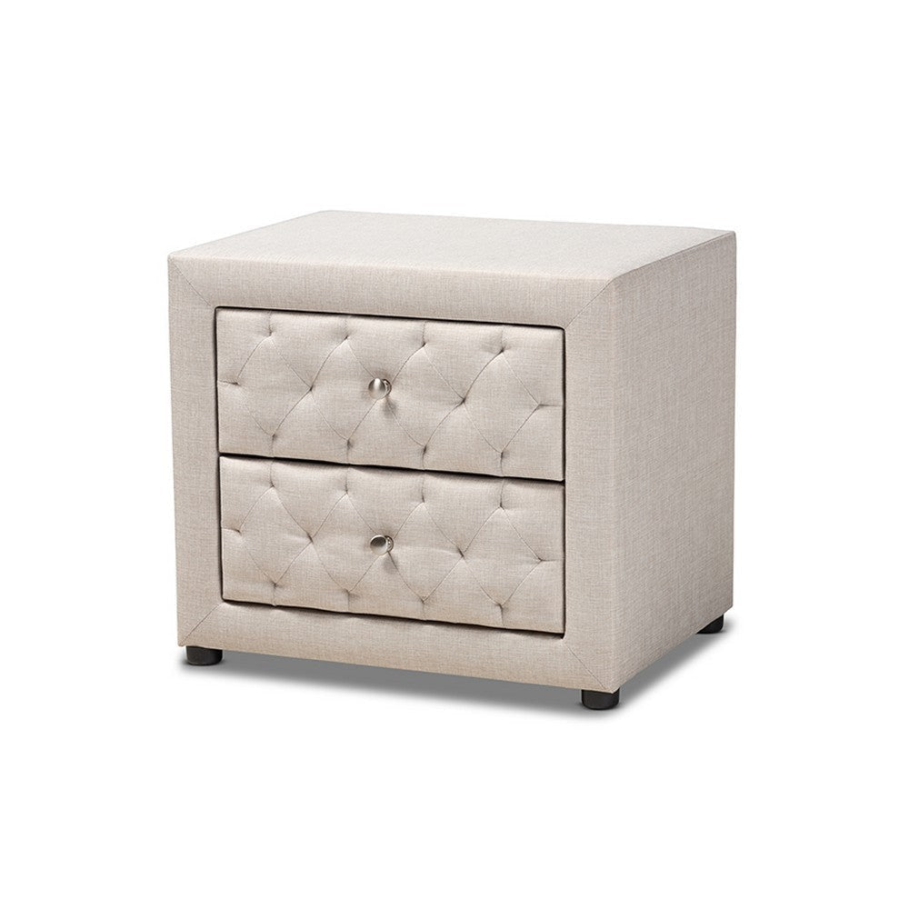 Baxton Studio Lepine Modern and Contemporary Light Beige Fabric Upholstered 2-Drawer Wood Nightstand WHI-BBT3164-Light-Beige-NS
