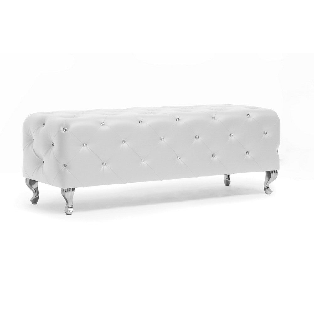 Baxton Studio Stella Crystal Tufted White Leather Modern Bench