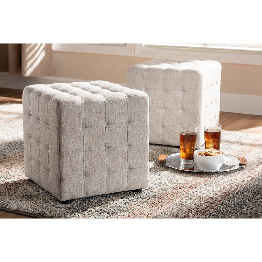 Baxton Studio Elladio Modern and Contemporary Beige Fabric Upholstered Tufted Cube Ottoman Set of 2