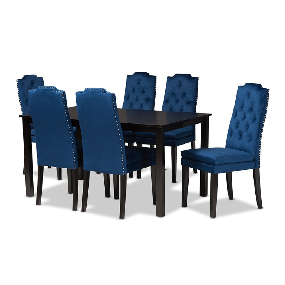 Baxton Studio Dylin Modern and Contemporary Navy Blue Velvet Fabric Upholstered and Dark Brown Finished Wood 7-Piece Dining Set