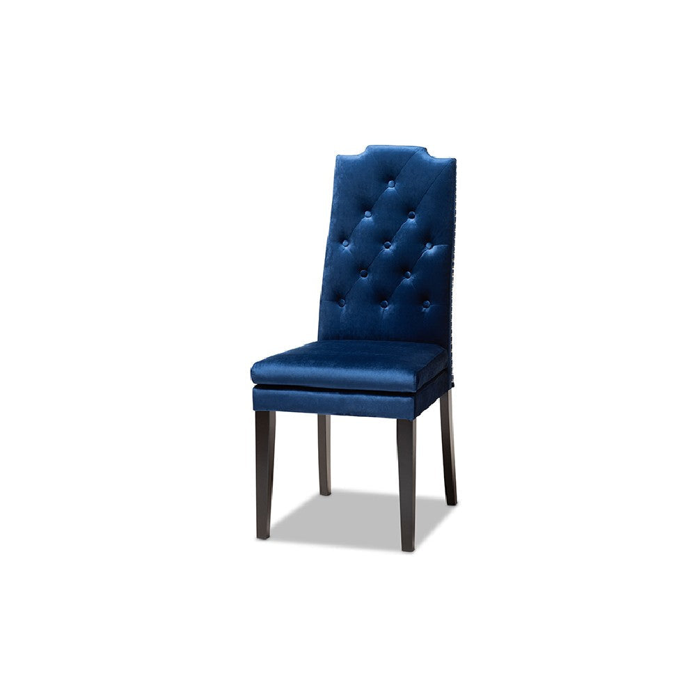 Baxton Studio Dylin Modern and Contemporary Navy Blue Velvet Fabric Upholstered and Dark Brown Finished Wood 7-Piece Dining Set