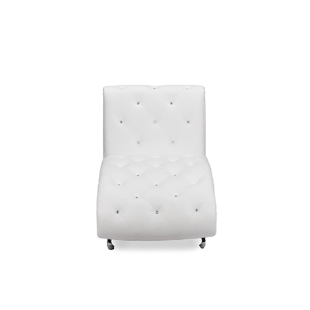 Baxton Studio Pease Contemporary White Faux Leather Upholstered Crystal Button Tufted Chaise Lounge WHI-BBT5187-White-Chaise