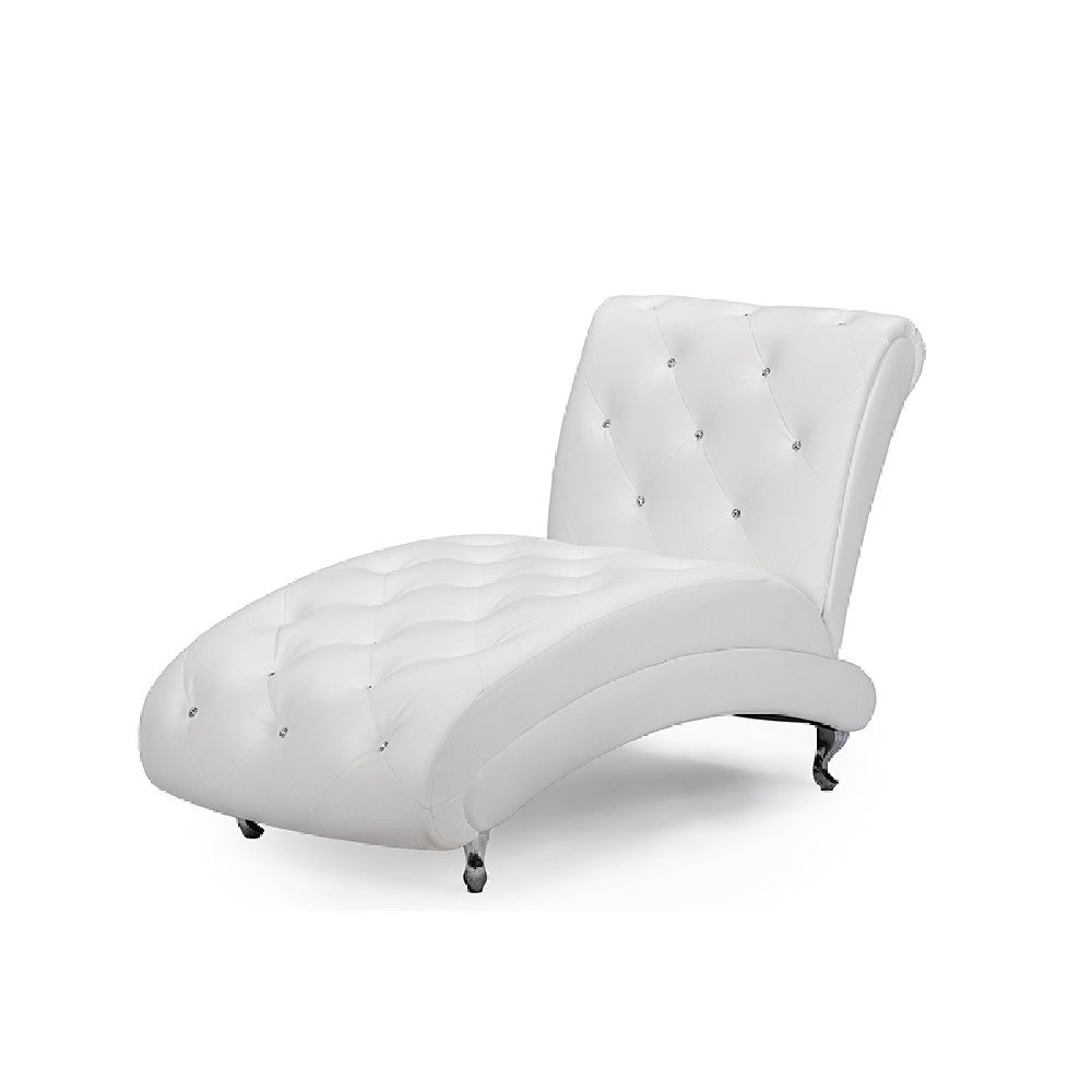 Baxton Studio Pease Contemporary White Faux Leather Upholstered Crystal Button Tufted Chaise Lounge WHI-BBT5187-White-Chaise