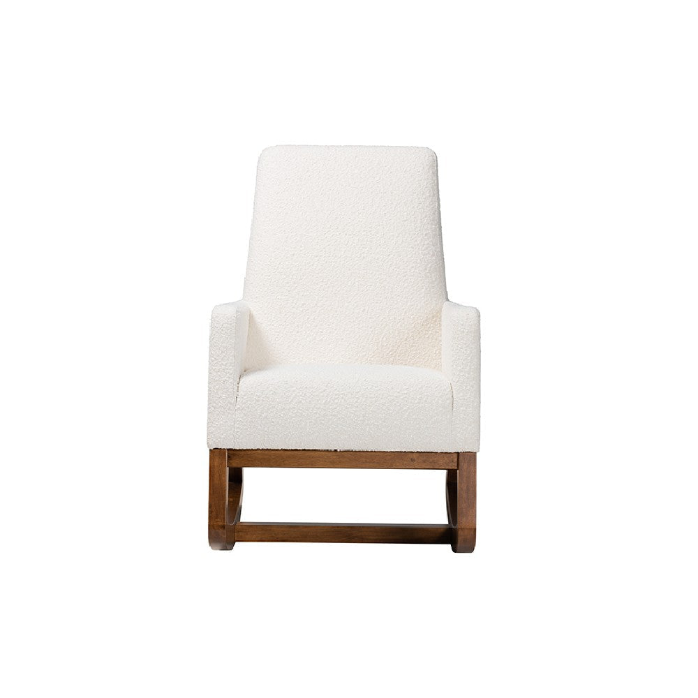 Baxton Studio Yashiya Mid-Century Modern Off-White Boucle Upholstered and Walnut Brown Finished Wood Rocking Chair