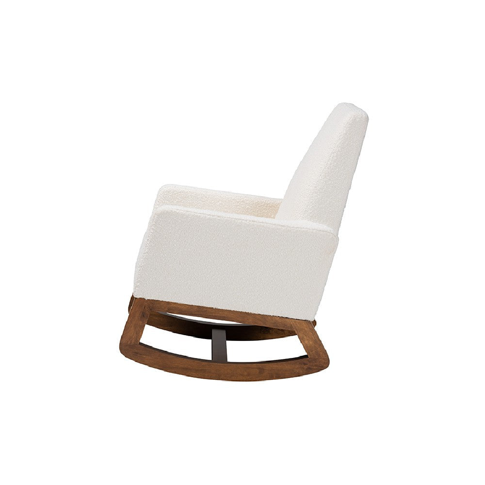 Baxton Studio Yashiya Mid-Century Modern Off-White Boucle Upholstered and Walnut Brown Finished Wood Rocking Chair