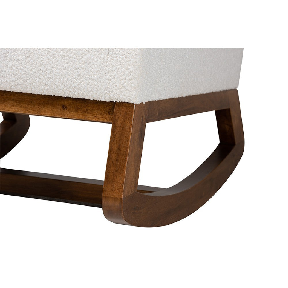 Baxton Studio Yashiya Mid-Century Modern Off-White Boucle Upholstered and Walnut Brown Finished Wood Rocking Chair