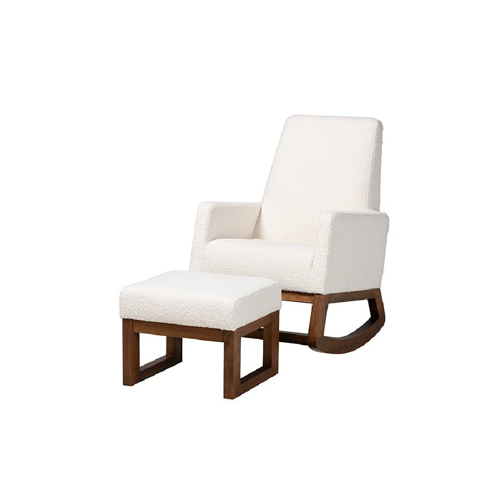 Baxton Studio Yashiya Mid-Century Modern Off-White Boucle Upholstered and Walnut Brown Finished Wood 2-Piece Rocking Chair and Ottoman Set