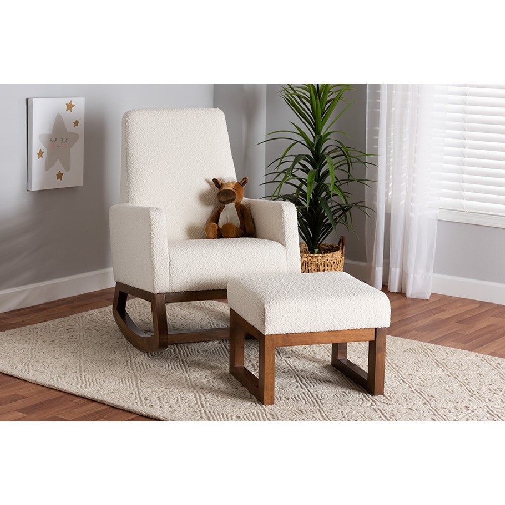 Baxton Studio Yashiya Mid-Century Modern Off-White Boucle Upholstered and Walnut Brown Finished Wood 2-Piece Rocking Chair and Ottoman Set