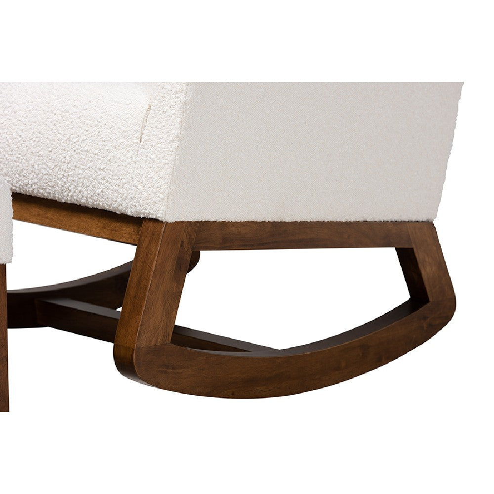 Baxton Studio Yashiya Mid-Century Modern Off-White Boucle Upholstered and Walnut Brown Finished Wood 2-Piece Rocking Chair and Ottoman Set