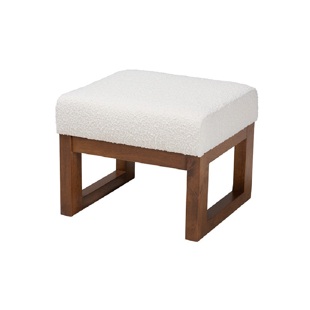 Baxton Studio Yashiya Mid-Century Modern Off-White Boucle Upholstered and Walnut Brown Finished Wood Ottoman Footstool