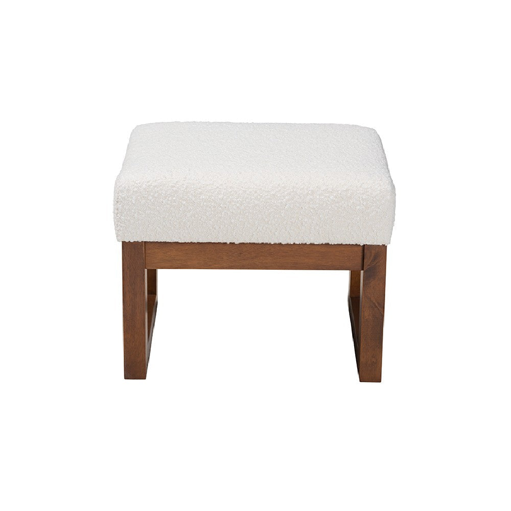 Baxton Studio Yashiya Mid-Century Modern Off-White Boucle Upholstered and Walnut Brown Finished Wood Ottoman Footstool