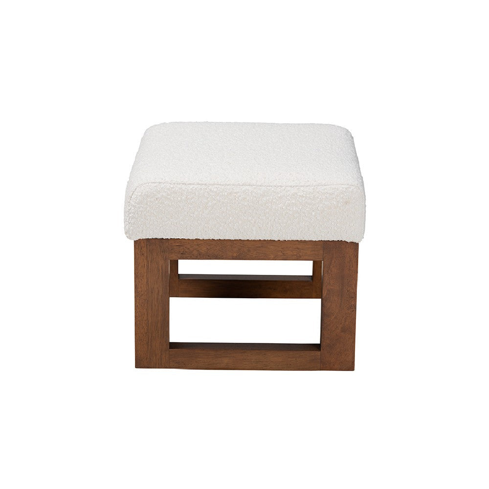 Baxton Studio Yashiya Mid-Century Modern Off-White Boucle Upholstered and Walnut Brown Finished Wood Ottoman Footstool